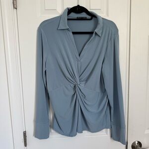 Adrianna Papell Chic Blue Crepe Twist Front V-Neck Stretch Blouse WM's Large EUC